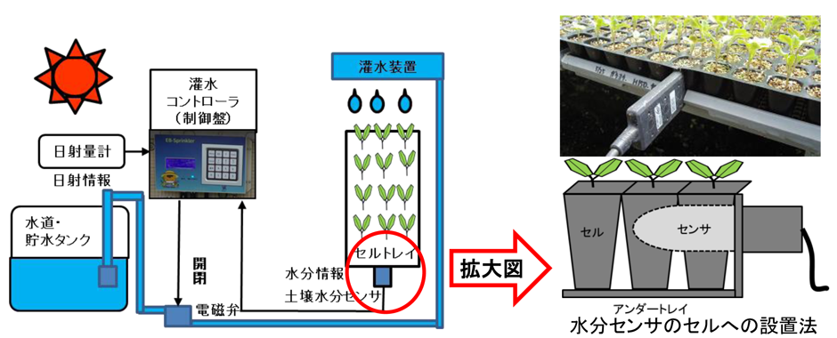 自動灌水システムの構成、水分センサの設置法